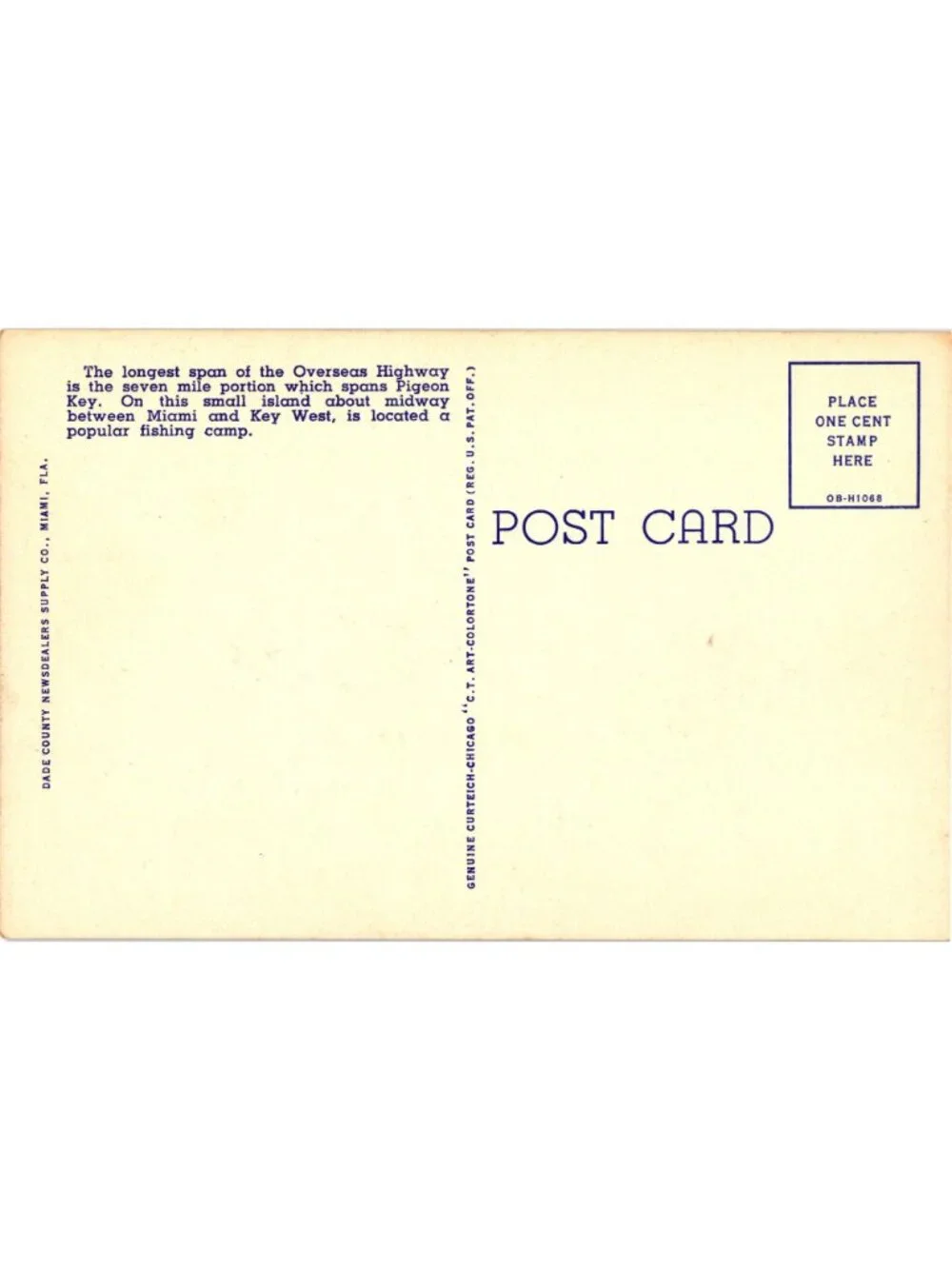 D. C. B.–Overseas Highway Spanning Pigeon Key & Fishing Camp Linen Postcard